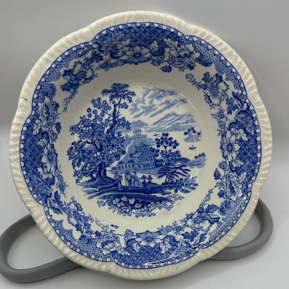 Woods Burslem Seaforth Blue White Transferware Bowl Scalloped England Vintage